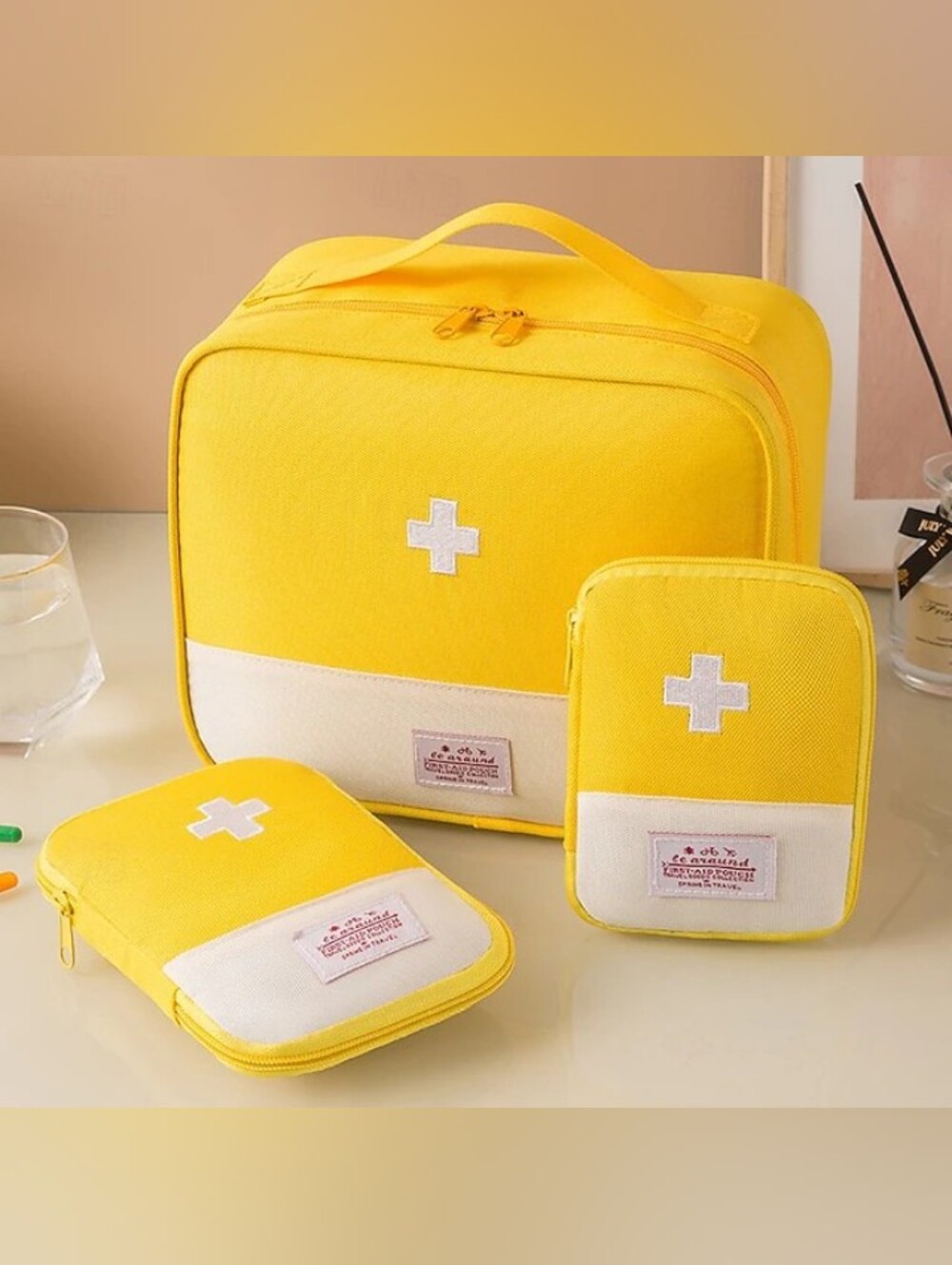 3 PCS First Aid Medicine Travel Toiletries Bag Pouch Set YELLOW